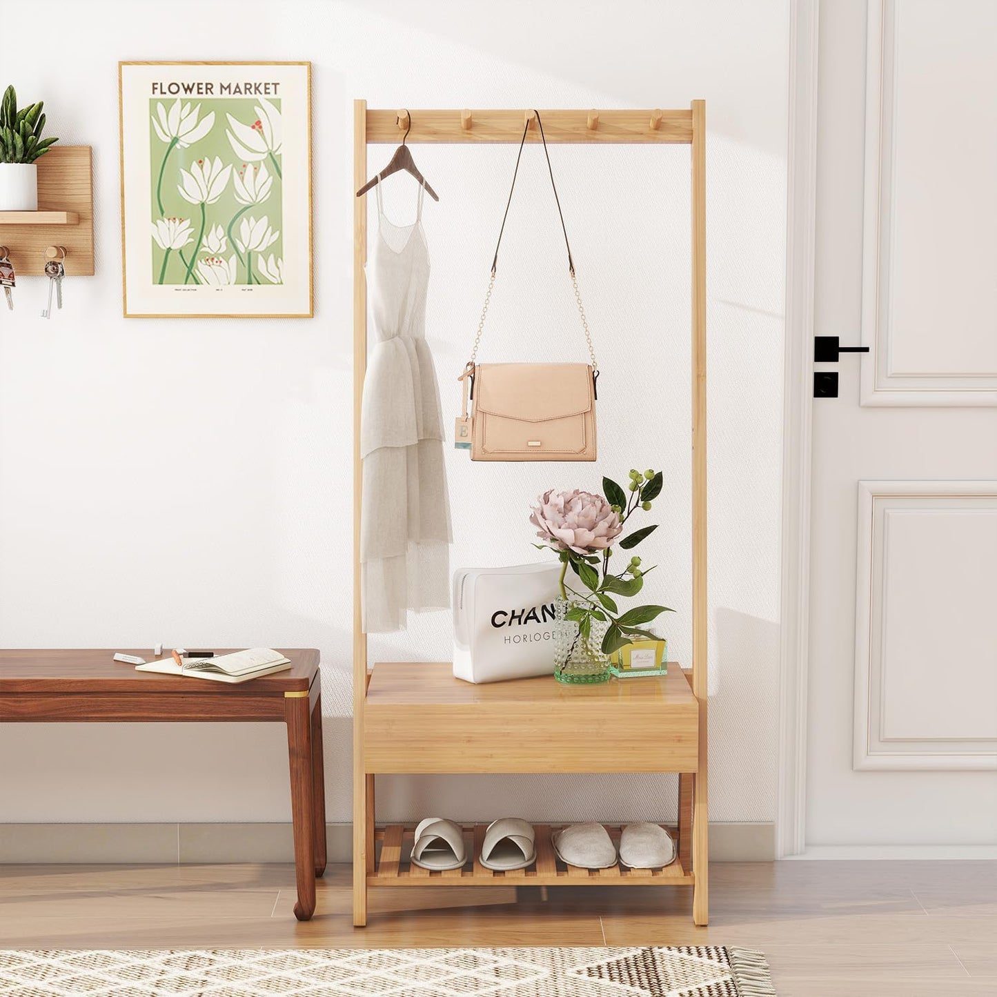 Bamboo Coat Rack Stand Freestanding with Drawer/Shoe Storage/Bench for Bedroom Office Entryway, Nature