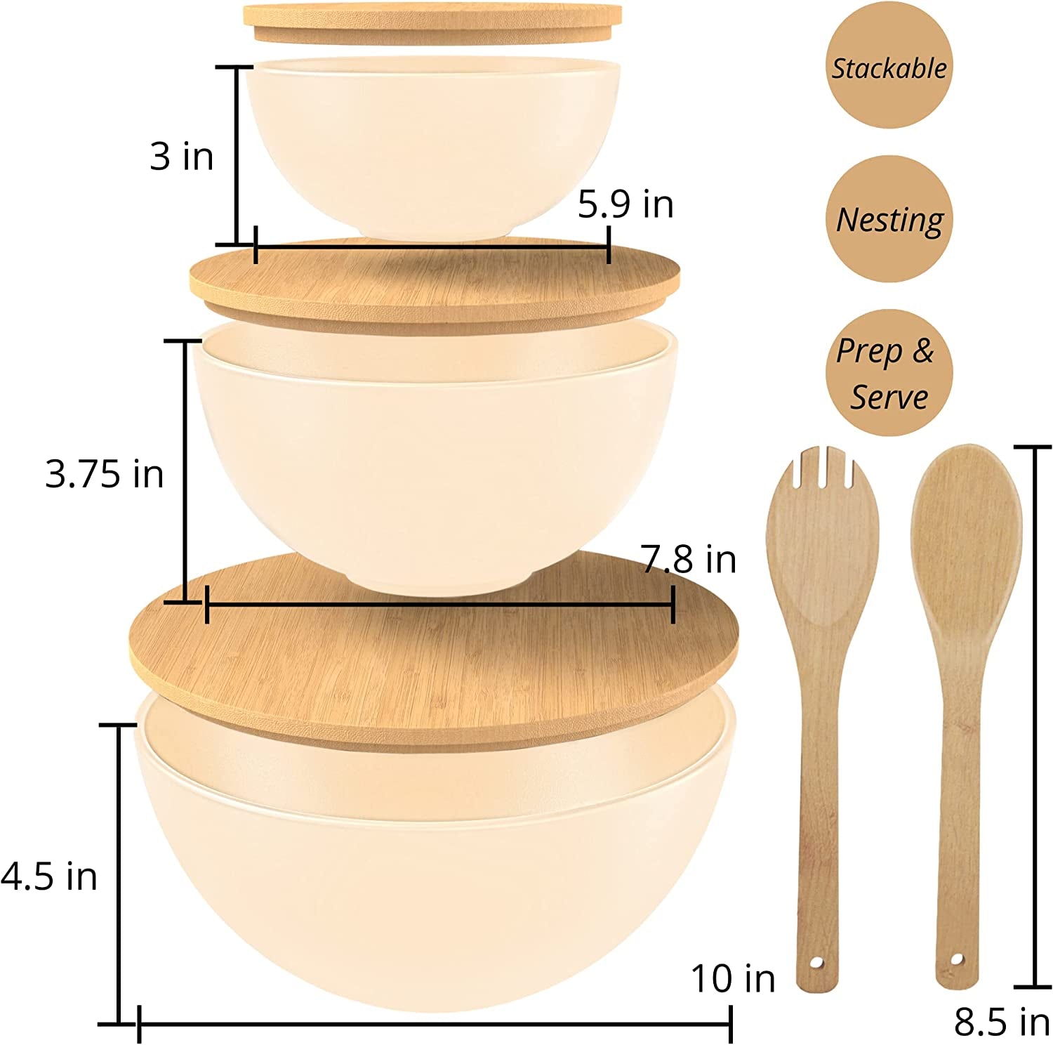 Salad Bowl Set with Lids, Bamboo Fiber Serving Bowls with Cutting Board Lids - Preparing & Serving Fruits, Veggies, Chips, Dips & More, Mixing Bowl Set with Serving Utensils