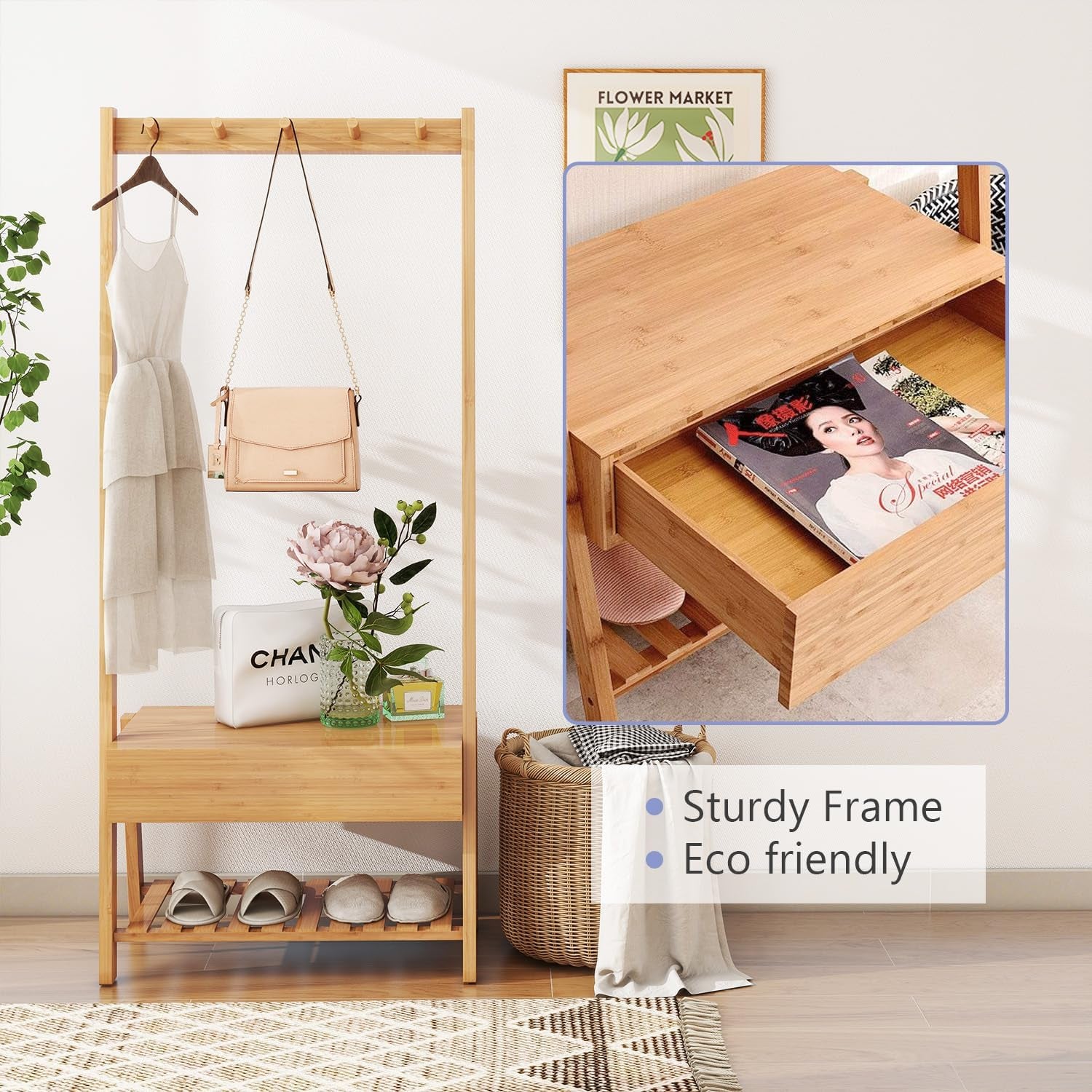 Bamboo Coat Rack Stand Freestanding with Drawer/Shoe Storage/Bench for Bedroom Office Entryway, Nature