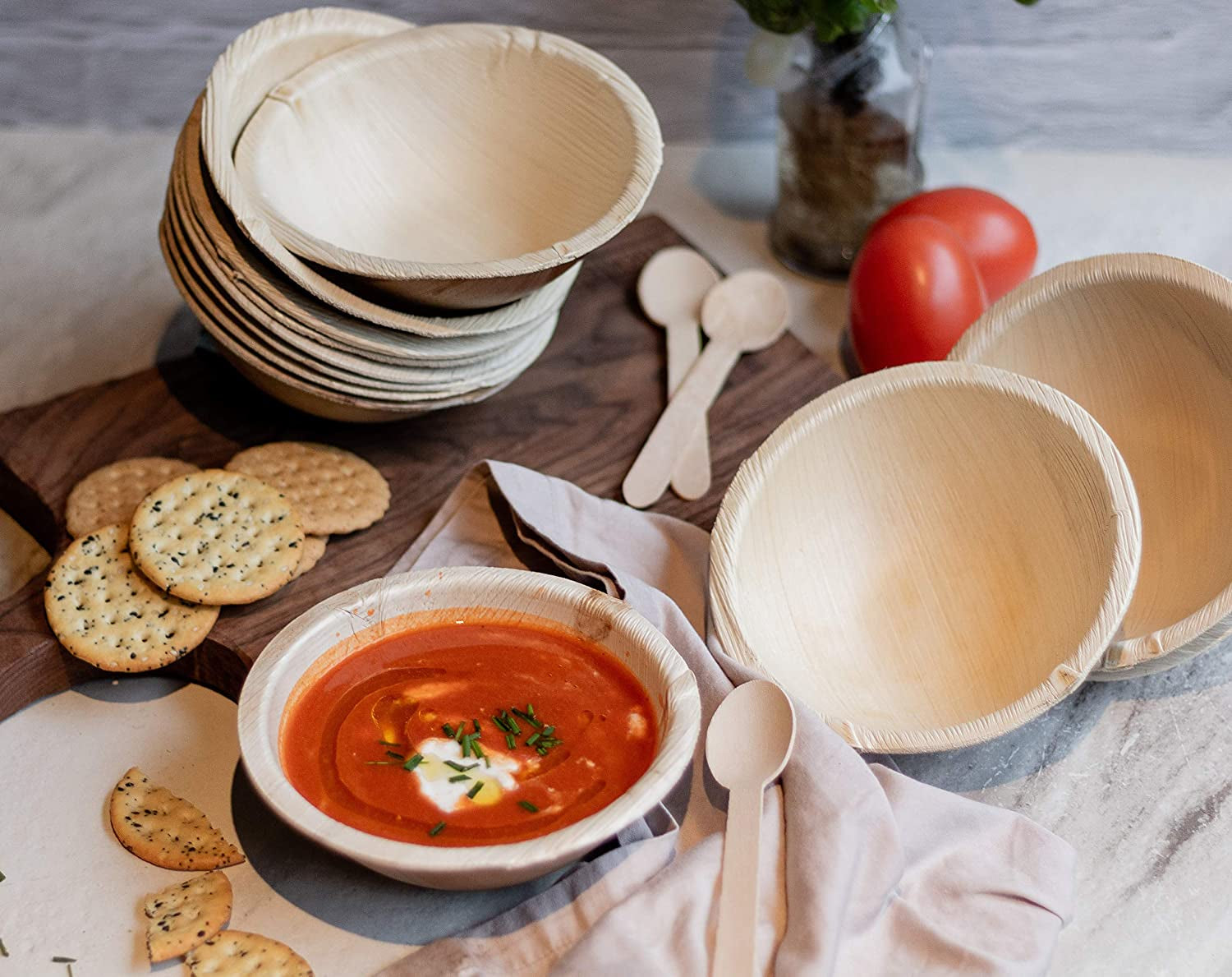 50 6" Disposable round Palm Leaf Bowls + 50 Spoons. Heavy Duty, 100% Compostable & Biodegradable Eco Friendly Party Bowls (6 inches)