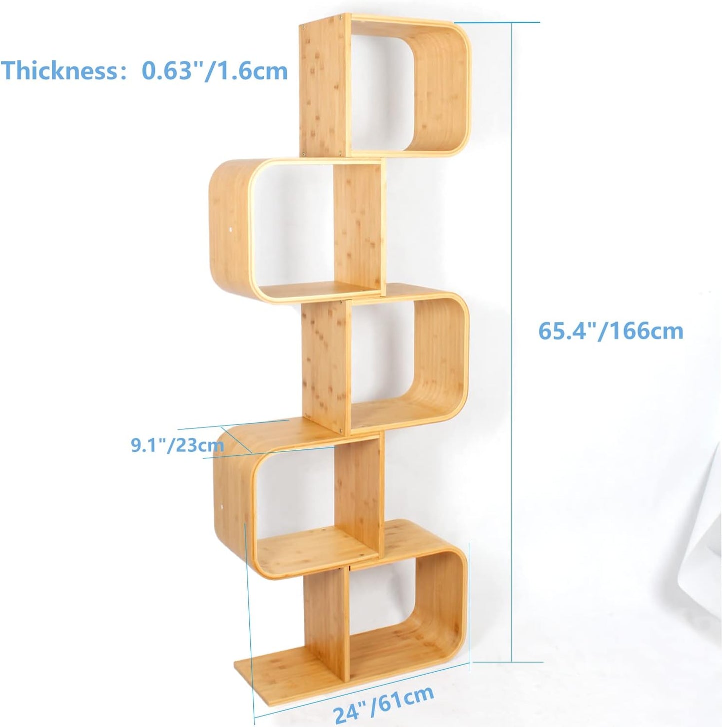 5-Tier S-Shaped Geometric Modern Bamboo Bookshelf, Large Capacity Creative Display Curved Rack Free-Standing Bedside Table 2 in 1 Bookcase Storage Cds, Dvds Book Shelf for Home, Office, Living Room