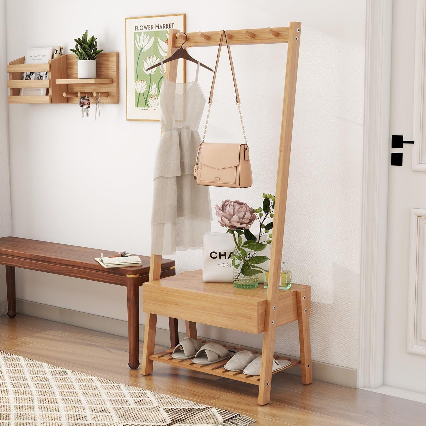 Bamboo Coat Rack Stand Freestanding with Drawer/Shoe Storage/Bench for Bedroom Office Entryway, Nature