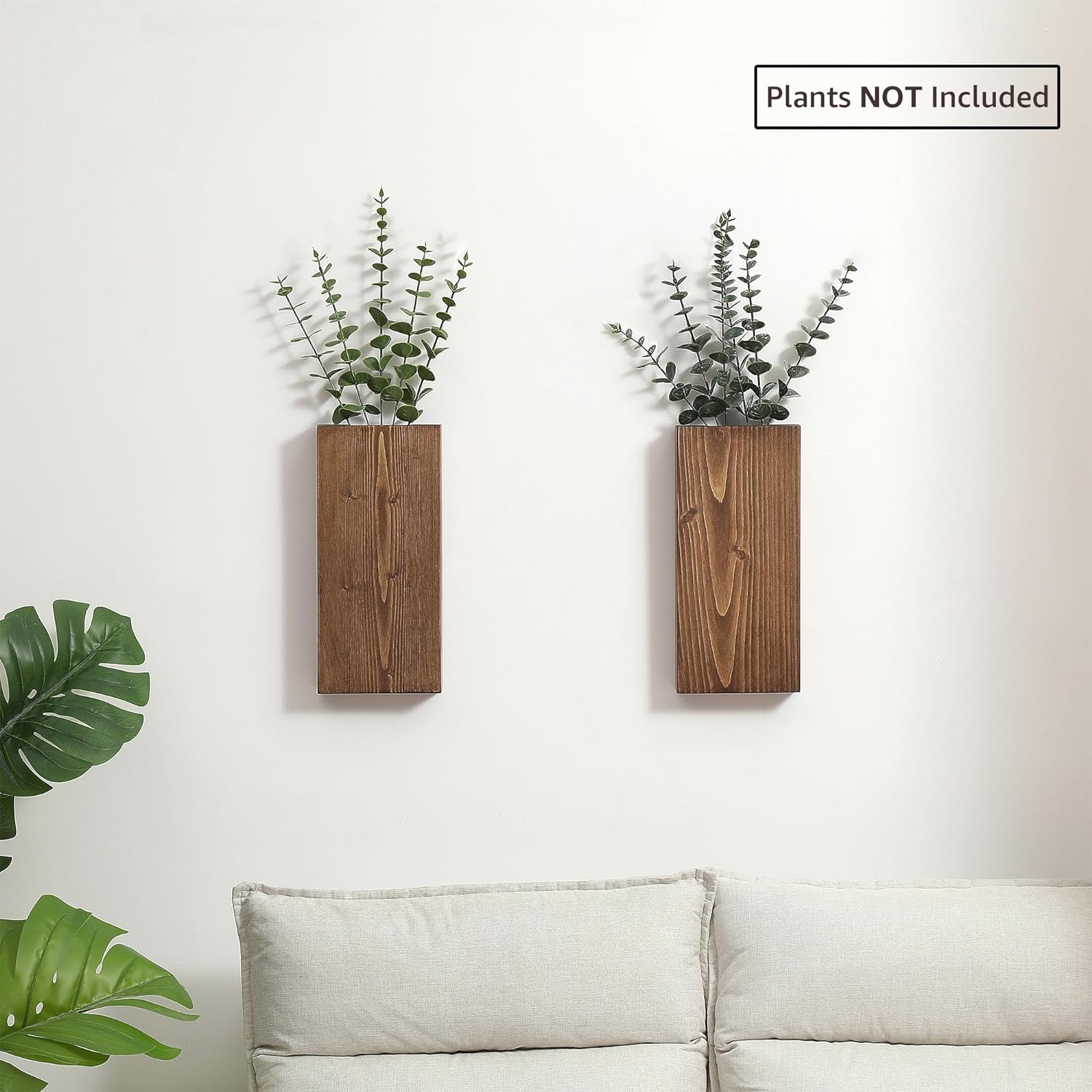 Wood Wall Planter Set of 2, Wood Wall Pocket for Greenery and Dried Flowers, Indoor Wood Hanging Vase, Modern Farmhouse Wall Decor for Living Room Bedroom Office Eucalyptus Stems Decorations (Walnut)