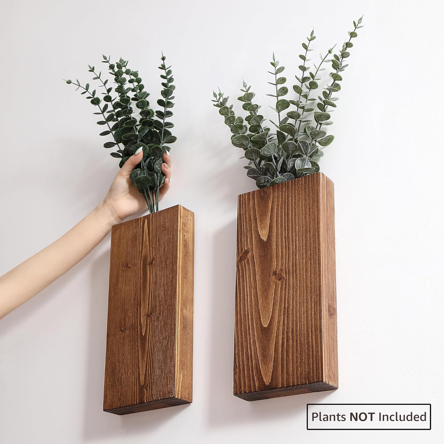 Wood Wall Planter Set of 2, Wood Wall Pocket for Greenery and Dried Flowers, Indoor Wood Hanging Vase, Modern Farmhouse Wall Decor for Living Room Bedroom Office Eucalyptus Stems Decorations (Walnut)