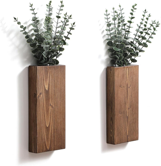 Wood Wall Planter Set of 2, Wood Wall Pocket for Greenery and Dried Flowers, Indoor Wood Hanging Vase, Modern Farmhouse Wall Decor for Living Room Bedroom Office Eucalyptus Stems Decorations (Walnut)