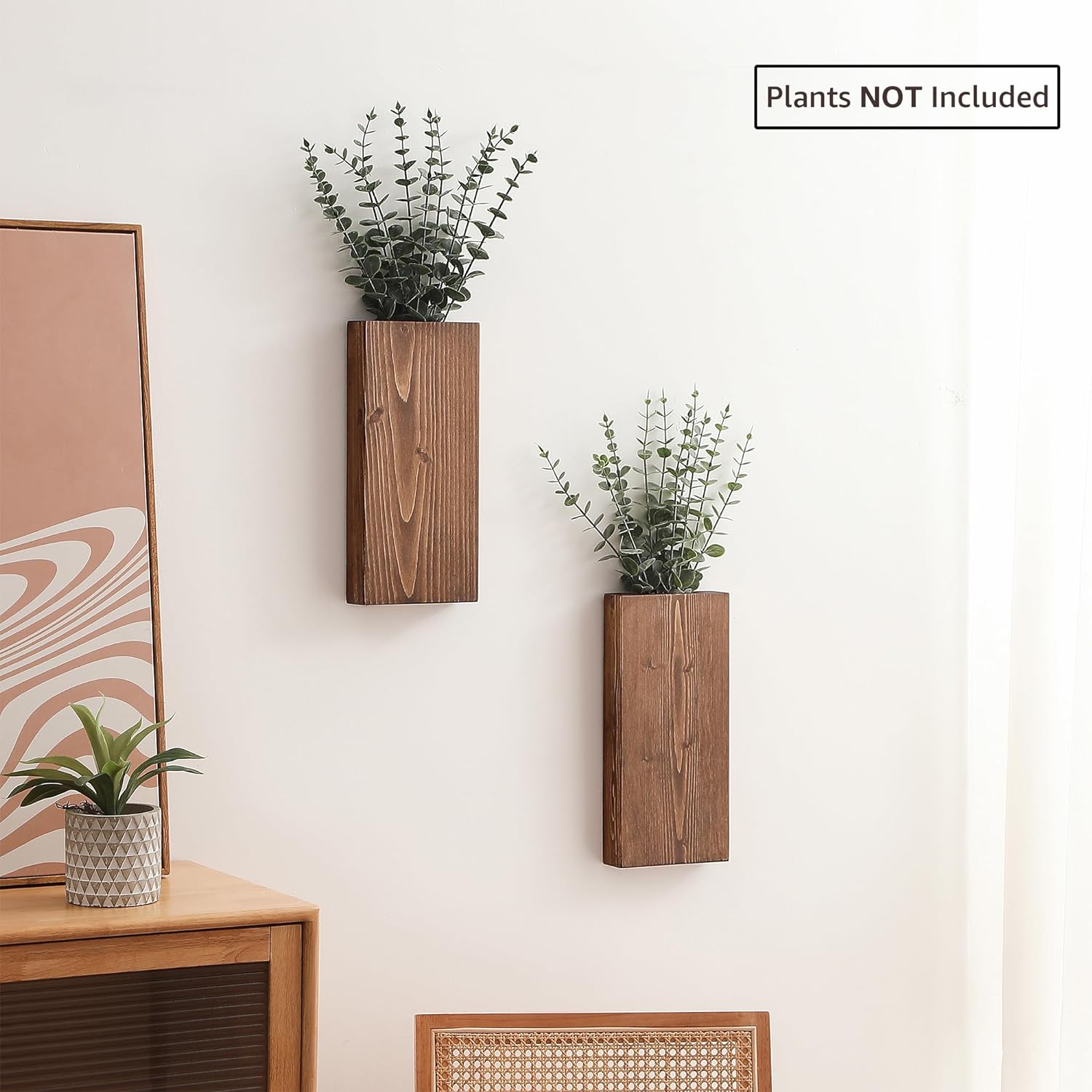 Wood Wall Planter Set of 2, Wood Wall Pocket for Greenery and Dried Flowers, Indoor Wood Hanging Vase, Modern Farmhouse Wall Decor for Living Room Bedroom Office Eucalyptus Stems Decorations (Walnut)