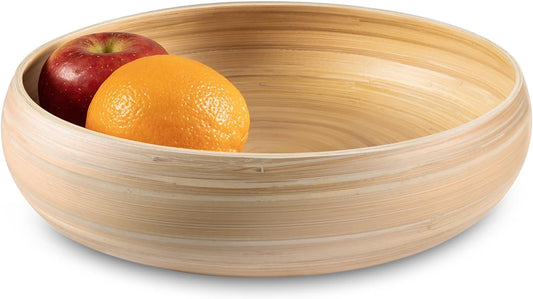 Bamboo Fruit Bowl for Kitchen Counter, 12 Inch Large & Round, Artisan Lacquered Wooden Fruit Bowl or Candy Bowl, Handcrafted Bamboo Fruit Basket for Kitchen & Home Decor (Bamboo Color)