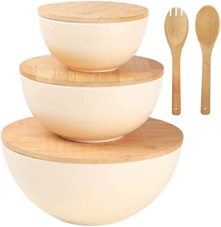 Salad Bowl Set with Lids, Bamboo Fiber Serving Bowls with Cutting Board Lids - Preparing & Serving Fruits, Veggies, Chips, Dips & More, Mixing Bowl Set with Serving Utensils