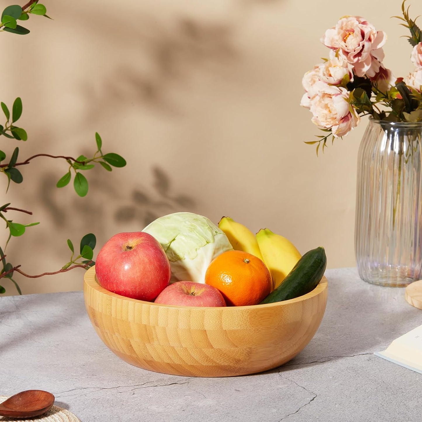 Fruit Bowl for Kitchen Counter -  Bamboo Fruit Bowl - Dishwasher Safe, Eco-Friendly, Scratch Resistant - Extra Large Serving Bowl - Handcrafted Salad Bowls Large Serving (Wood Color)