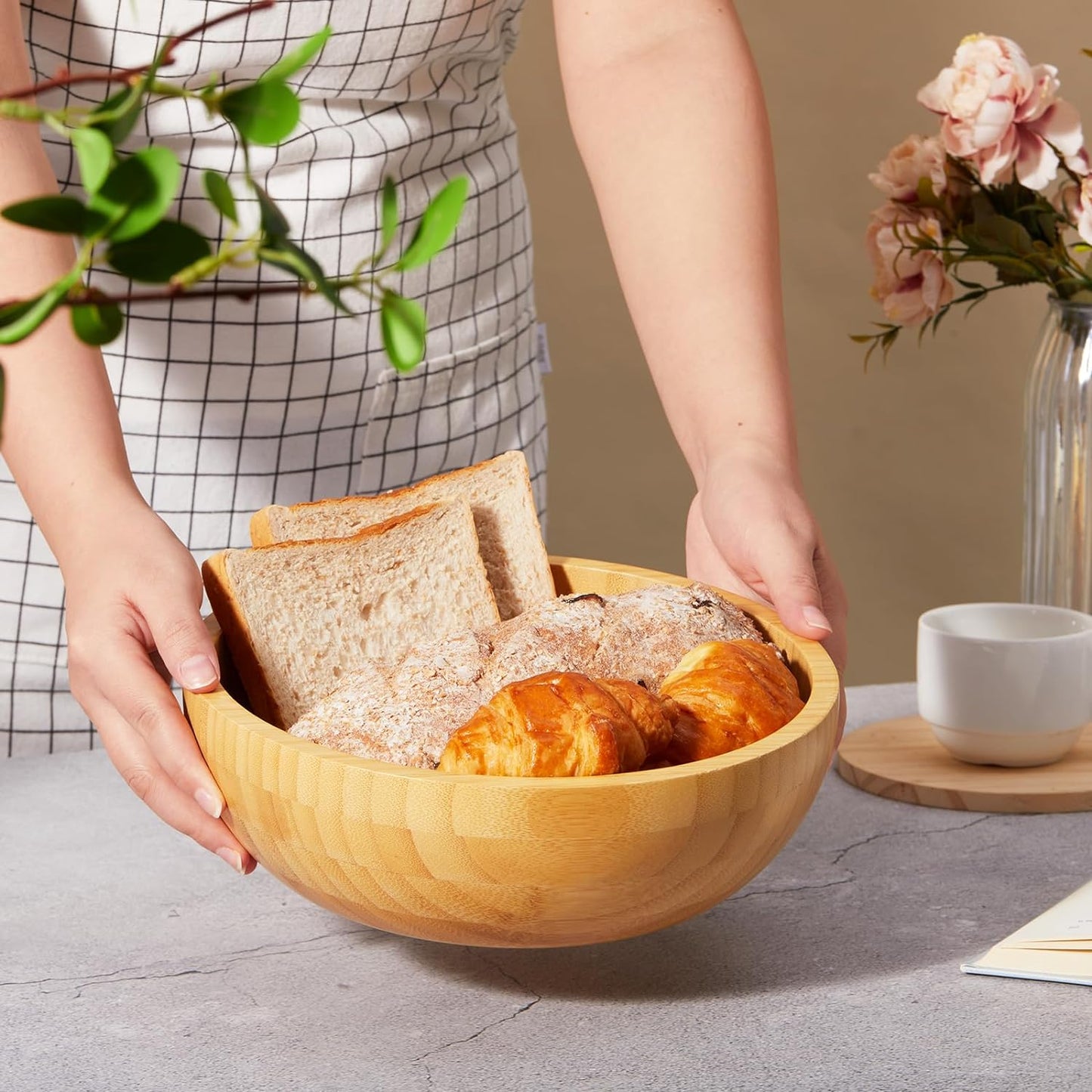 Fruit Bowl for Kitchen Counter -  Bamboo Fruit Bowl - Dishwasher Safe, Eco-Friendly, Scratch Resistant - Extra Large Serving Bowl - Handcrafted Salad Bowls Large Serving (Wood Color)