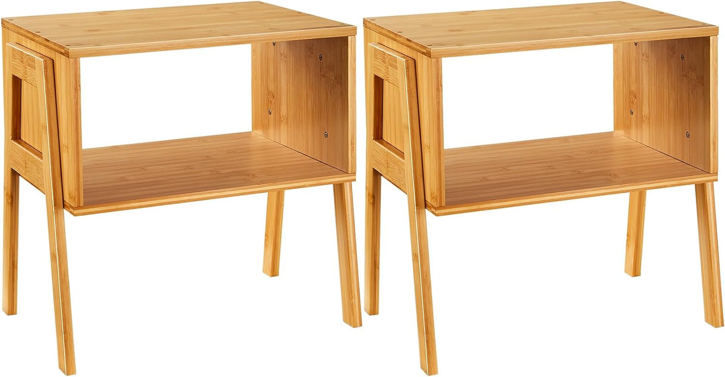 Bamboo Stackable End Tables, Wood Living Room Nightstand, Bedside Tables for Bedroom Storage, Set of 2