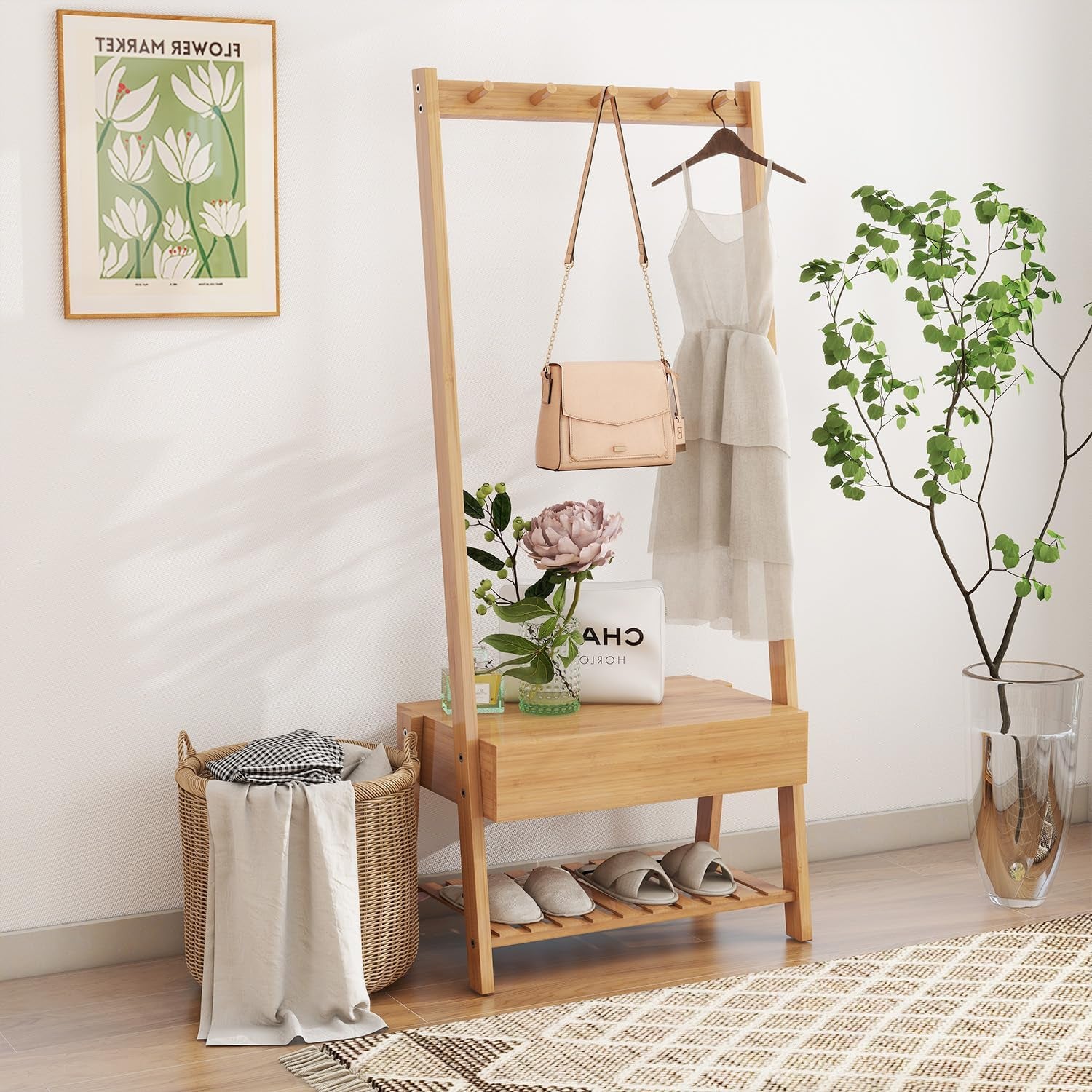 Bamboo Coat Rack Stand Freestanding with Drawer/Shoe Storage/Bench for Bedroom Office Entryway, Nature